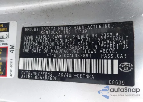 2010 Toyota Camry Le z USA, uszkodzony, nr VIN 4T1BF3EKXAU057881